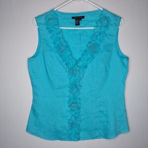 Tracy M Sleeveless Linen Button Top Womens XL Blue Vneck Rossette Chiffon Accent